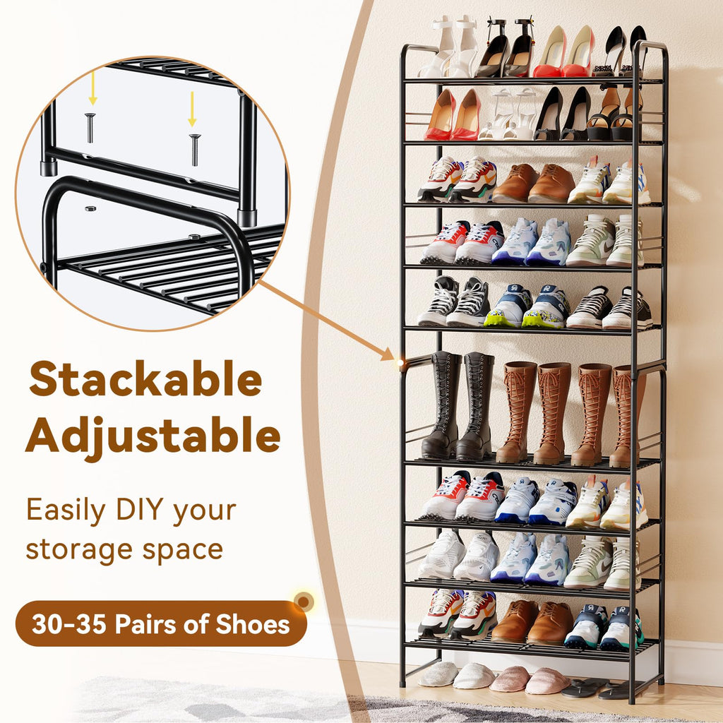 Heavy Duty 5 Tier Shoe Rack, 27 Inch Wide Closet Metal Shoe Storage Organizer Stackable, Black