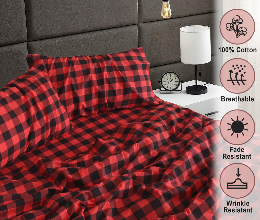 100% Cotton Flannel Sheets, 4 PCs, Red & Black Plaid