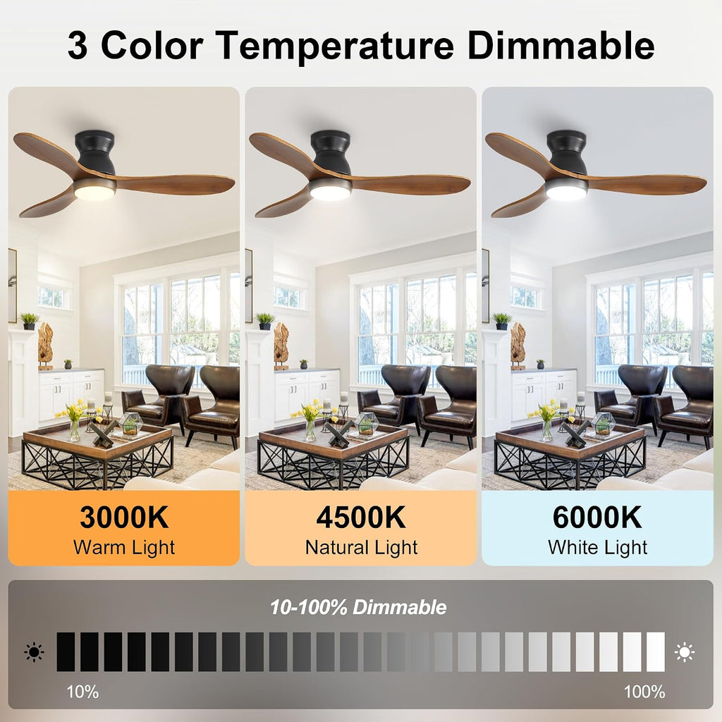 42 Inch Ceiling Fan with Light and Remote & APP Control, 3 Wooden Blades, 6 Wind Speeds, Quiet DC Motor