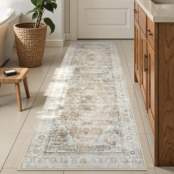Bathroom Runner Rug, Distressed Tribal Farmhouse Light Khaki Bathroom Mat, Large Bathroom Rugs Non Slip Washable