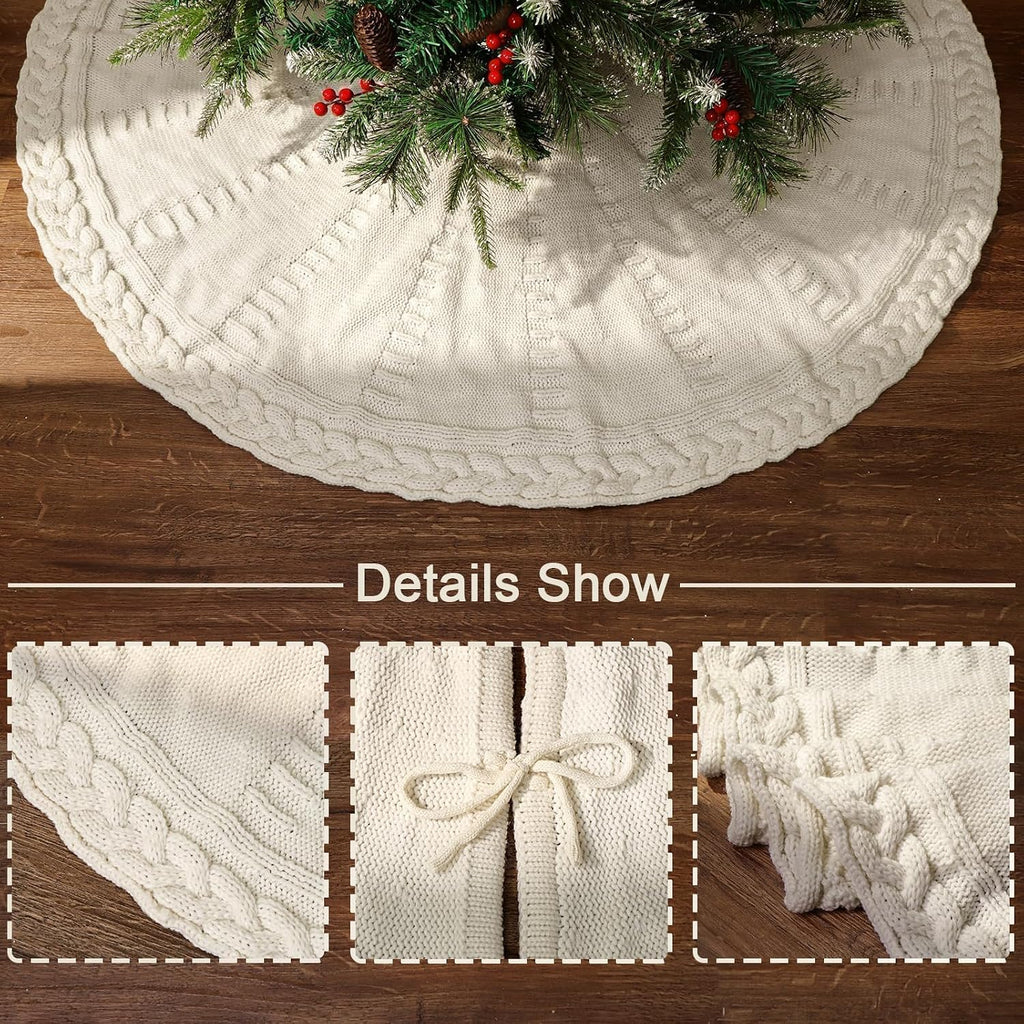 48 Inch Christmas Tree Skirt: Braided Cable Knit Tree Skirt for 7.5FT Tree, Cream White Tree Skirt, Vintage Tree