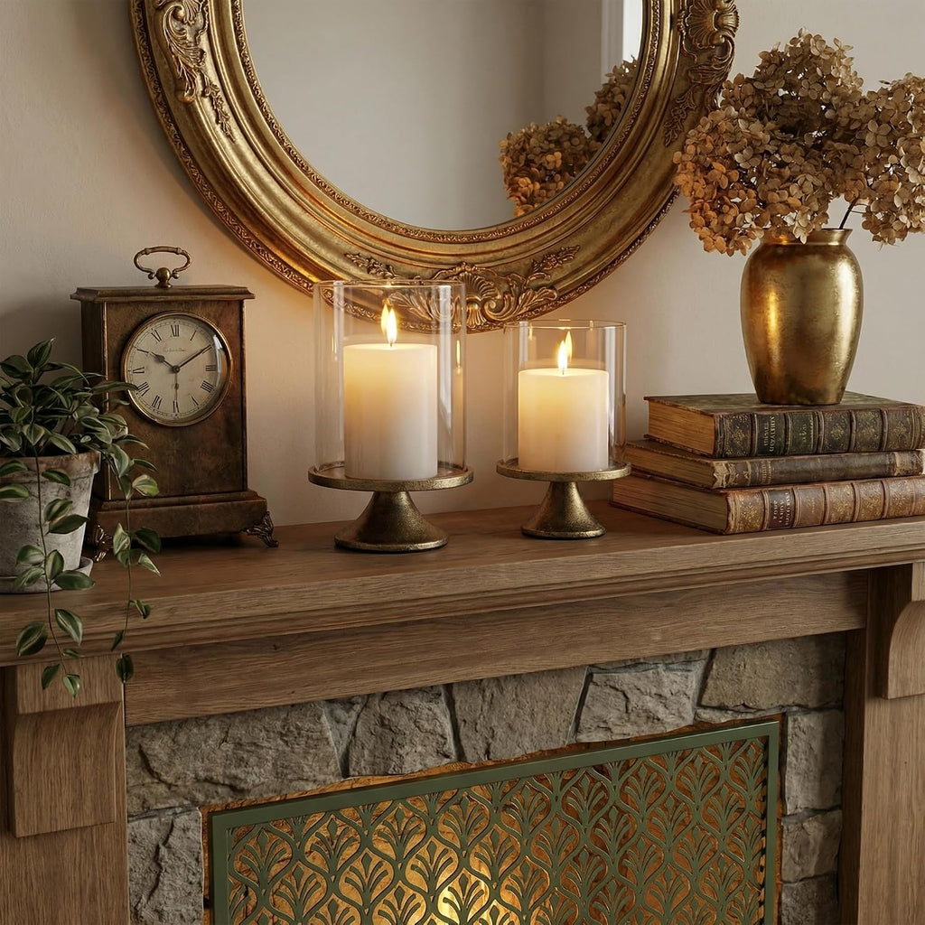 Set of 2 Hurricane Candle Holder Set with Glass Dome & Iron Base - Elegant Decorative Pillar Candle Holders