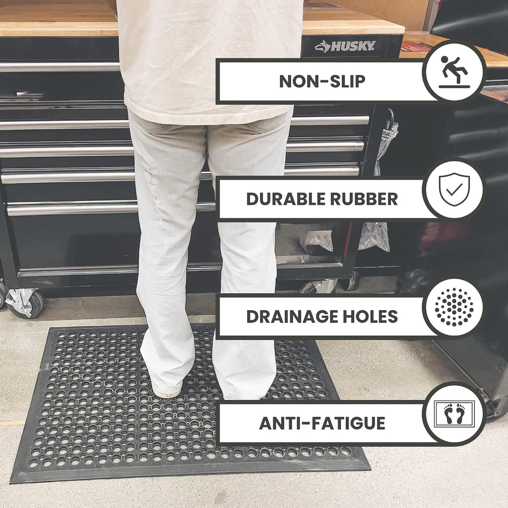 Anti Fatigue Mats Floor, Rubber Bar Mat, Non Slip Commercial Floor Mat with Drainage Holes, Indoor Outdoor Rubber Mat