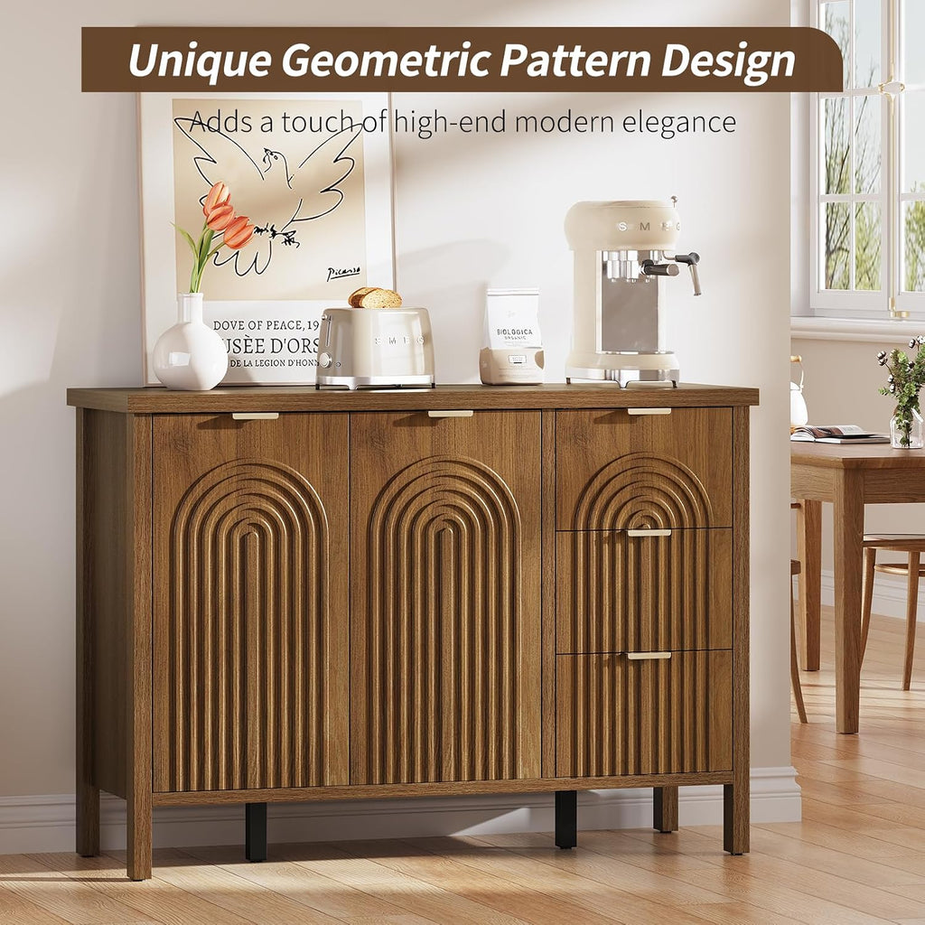 Sideboard Buffet Cabinet with Storage - Fluted Accent Coffee Bar Cabinets Kitchen Credenza with Drawers & Doors, Wood