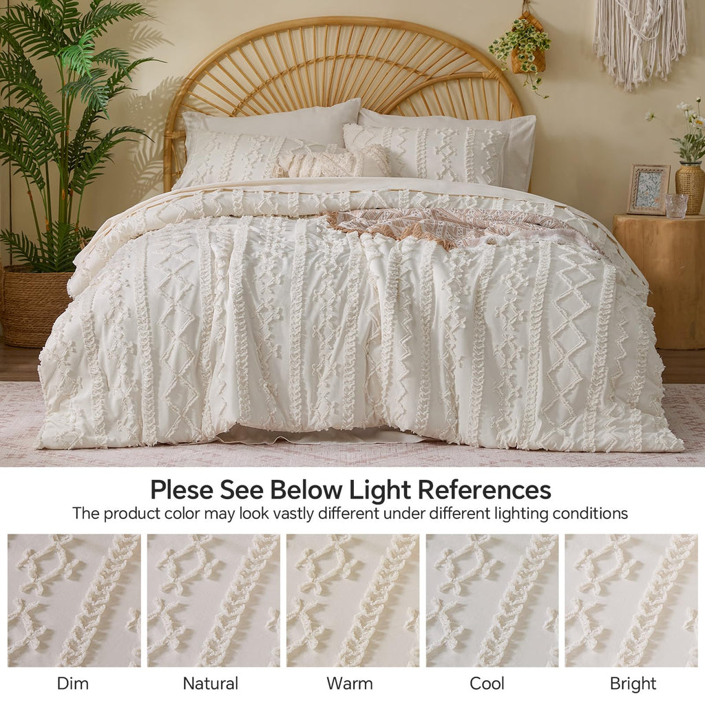 King Comforter Set 7 Pieces, Boho Bed in a Bag, Cream White