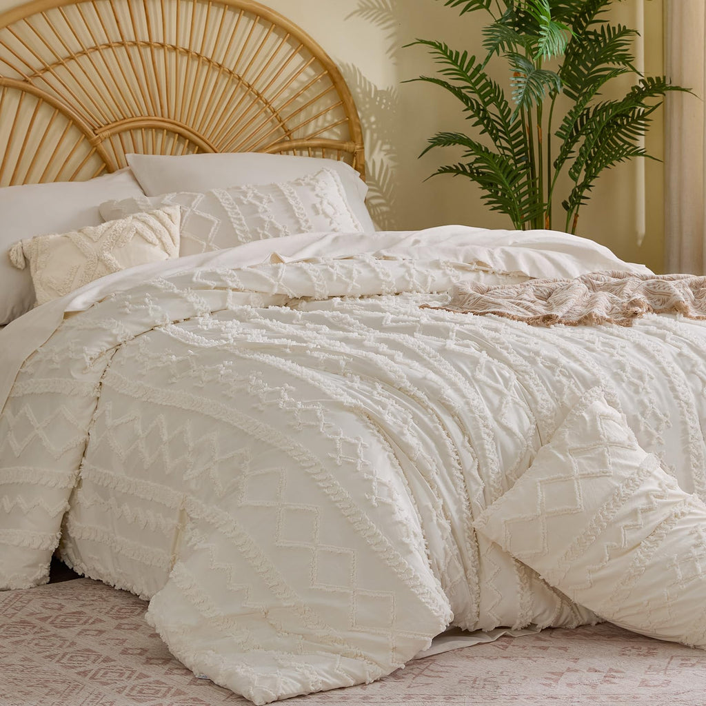 Queen Comforter Set 7 Pieces, Boho Bed in a Bag, Cream White