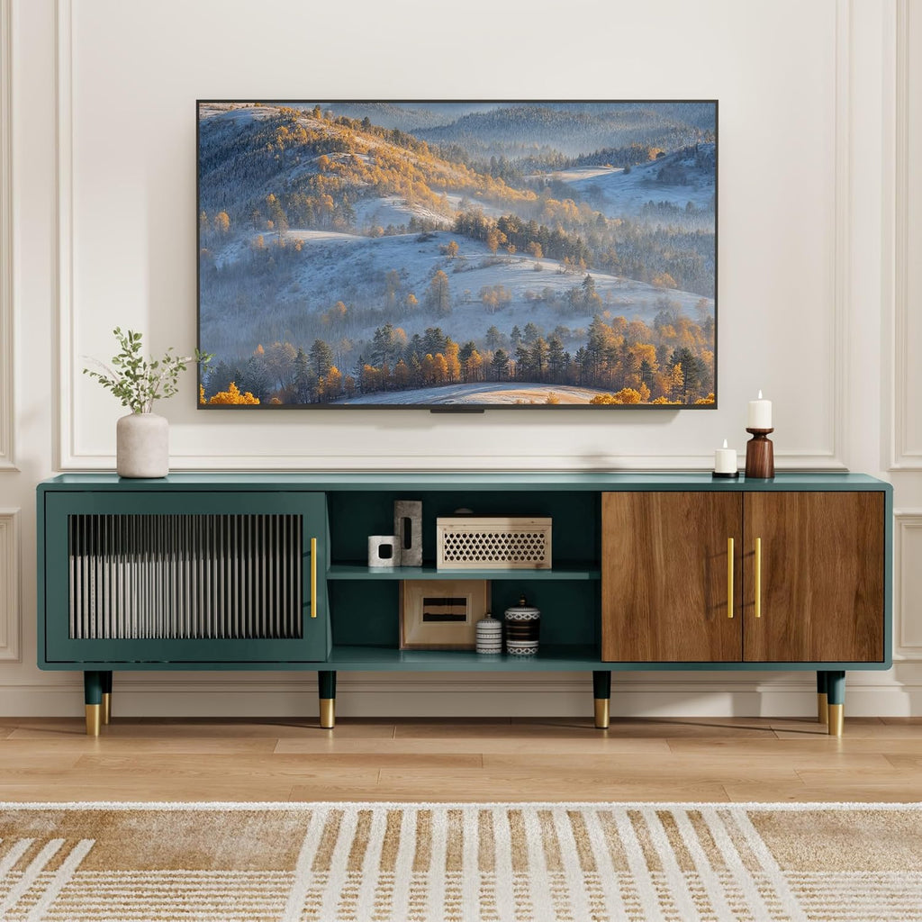 TV Stand with Glass Sliding Door, 66" Mid Century Modern TV Cabinet for TVs up to 75 inch, Entertainment Center with