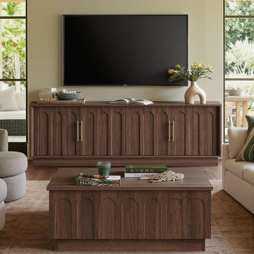 TV Stand for 75 Inch TV and Coffee Table Set of 2, Arched Design with Wood Grain Finish, Media Console with