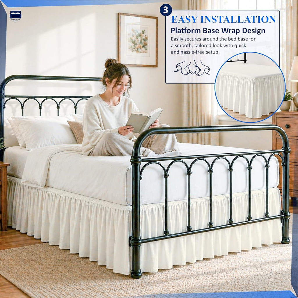 Ruffled Bed Skirt Queen 15-Inch Drop with Split Corners, Ivory | 100% Microfiber Bed Skirts - Soft and Stylish Dust