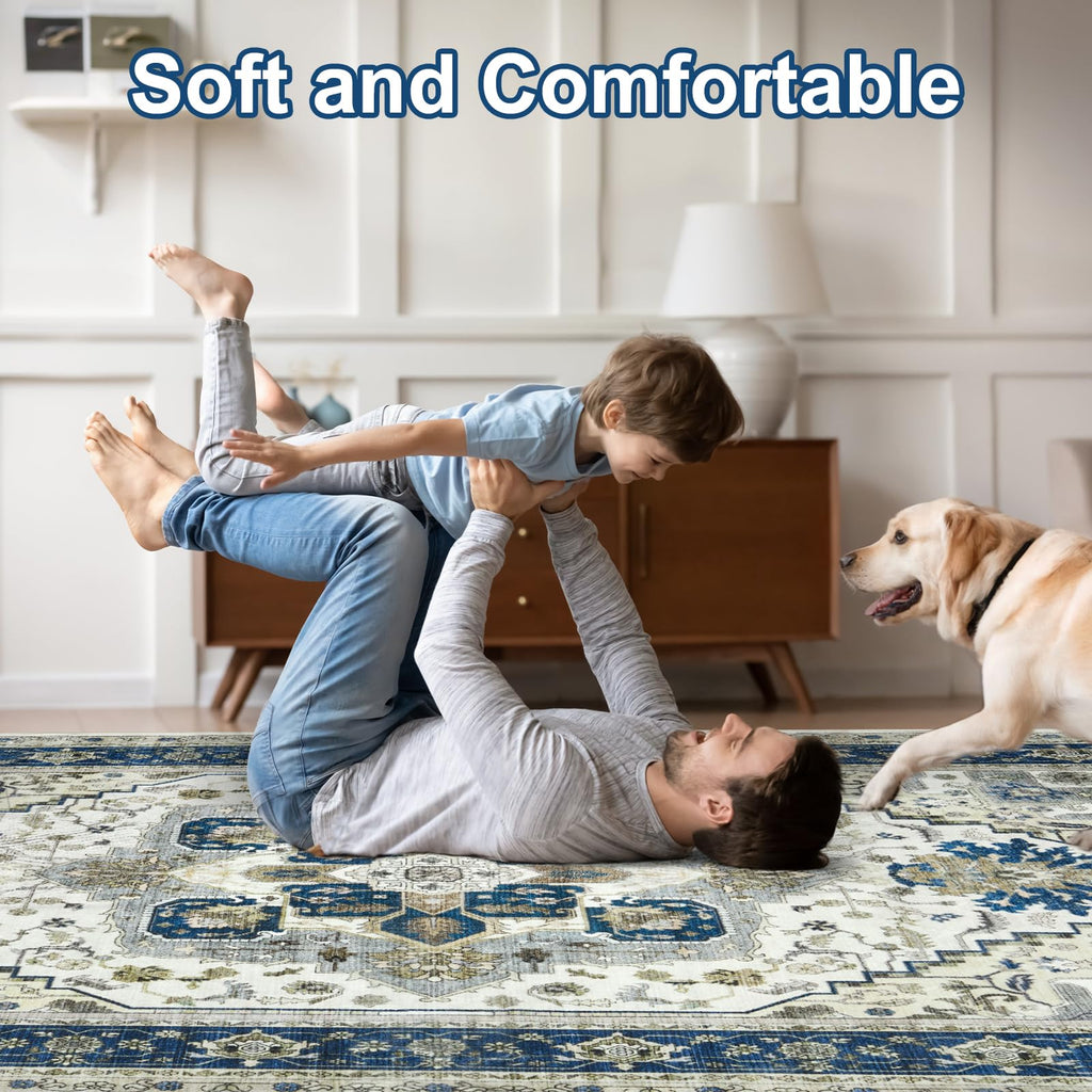 Machine Washable Area Rug - Large Vintage Oriental Soft Rugs, Low Pile Thin Floor Carpet with Non Slip Backing