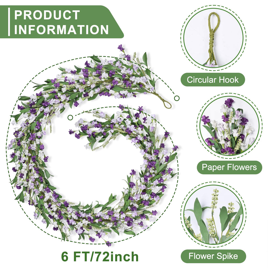 6ft Spring Summer Flower Garland, Artificial Floral Vine for Wall Backdrop Mantle Fireplace Stair Table Wedding Arch