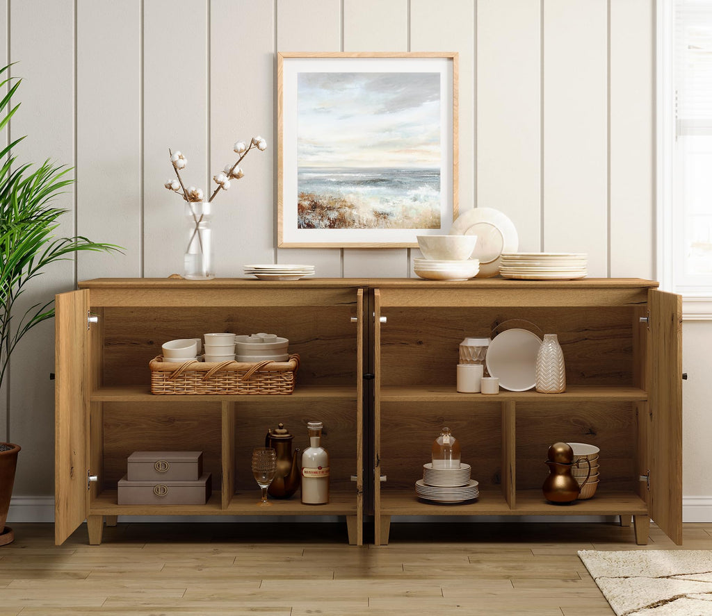 Sideboards Buffet Storage Cabinets, 8-Door Credenza Table, Oak Brown