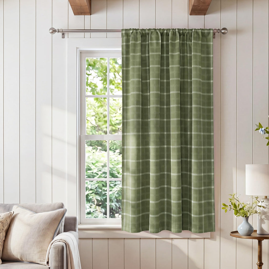 Green Plaid Ballon Shade 100% Blackout Kitchen Curtain, 46x63, 1PC