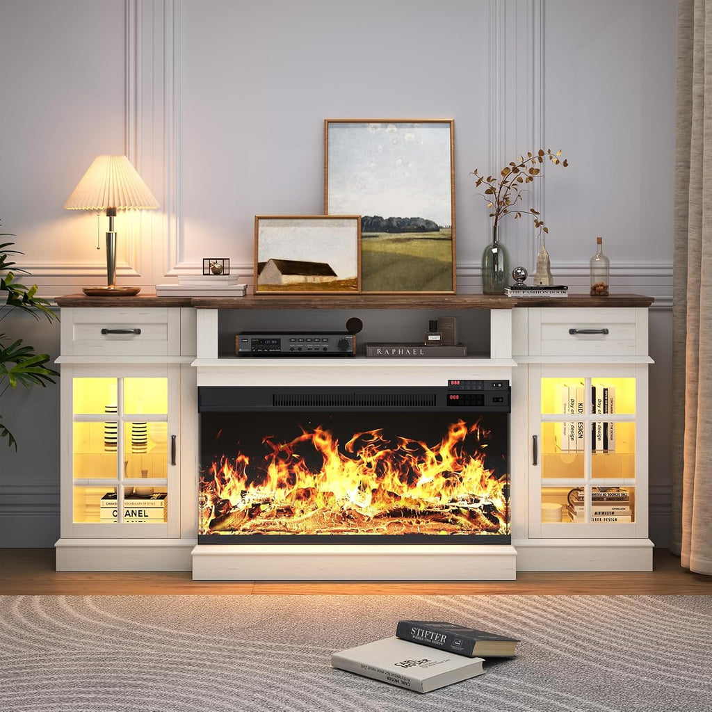 70" Fireplace TV Stand, 3-Sided Glass Fireplace and Modern Entertainment Center, Wooden Media Console with Glass