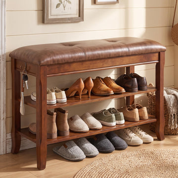 Shoe Rack Bench Solid Wood Shoe Bench Entryway with Leather Cushion 31.5''
