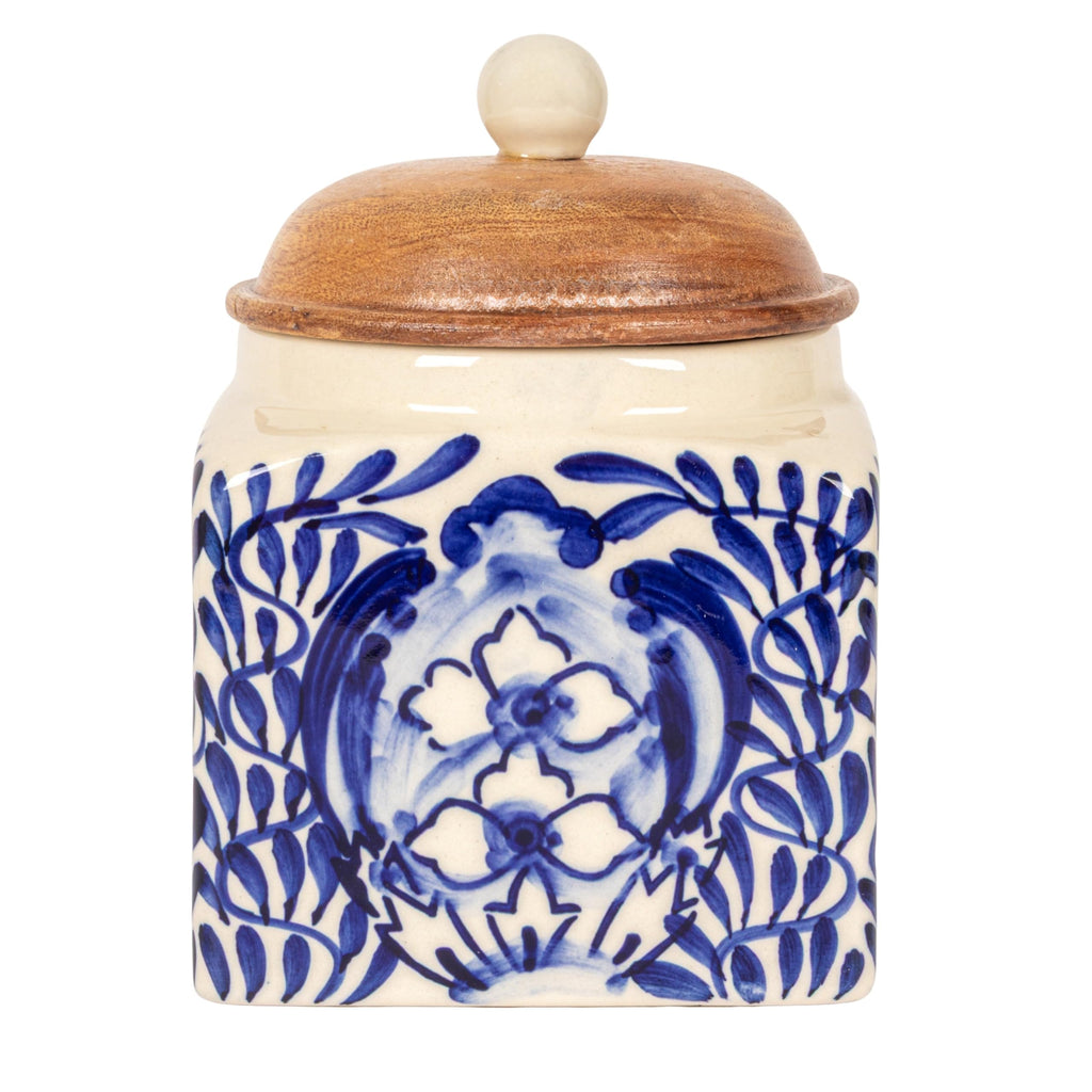 Co-Op Stoneware Canister with Design, Lid and Spoon, Cream, Blue and Natural