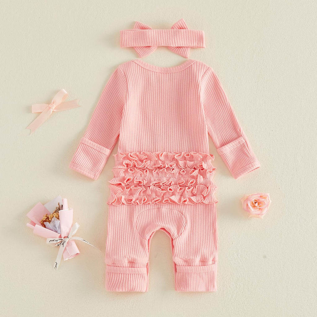 Newborn Baby Girl Clothes Western Cowgirl Jumpsuit Ribbed Knit Romper One Piece Coming Home From Hospital Outfit (B