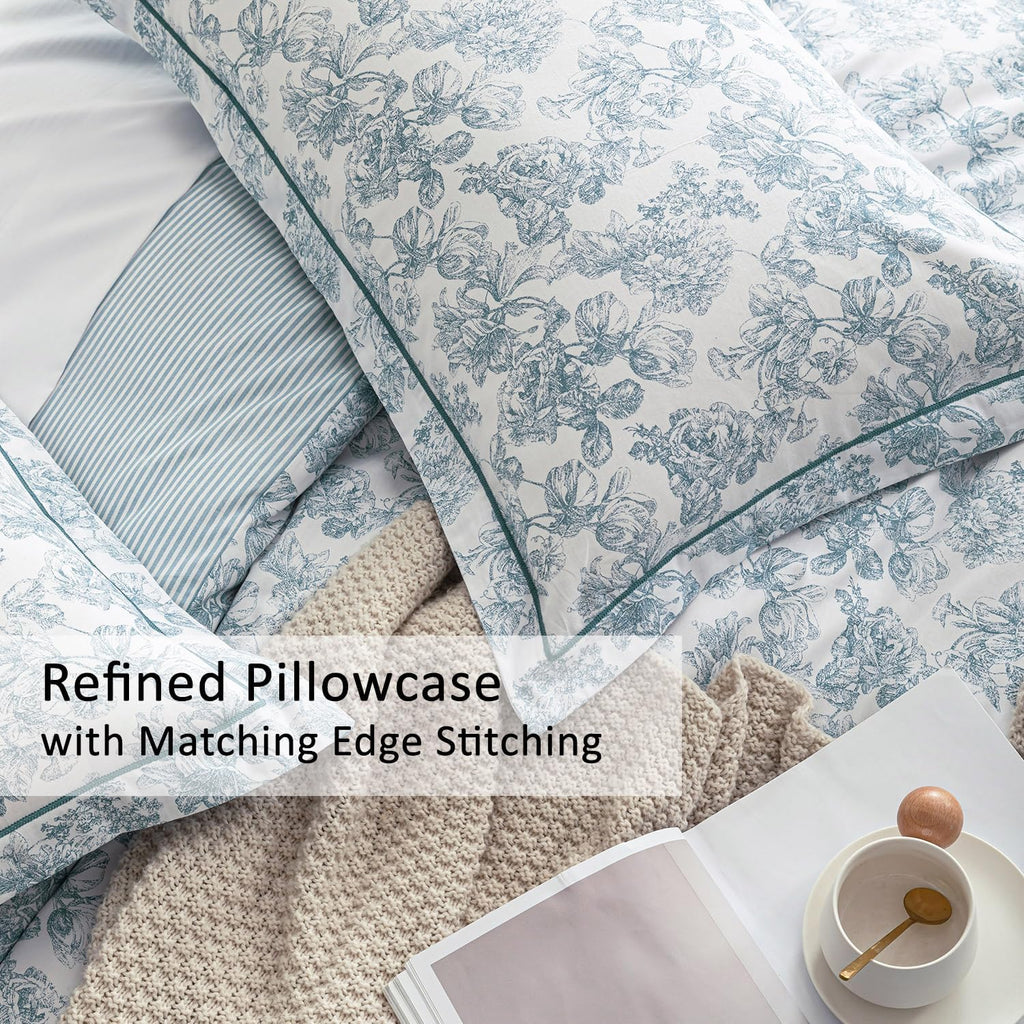 Vintage 100% Cotton Duvet Cover King 3PC - Elegant Pale Slate Blue Floral Pattern on White with Light Blue & White