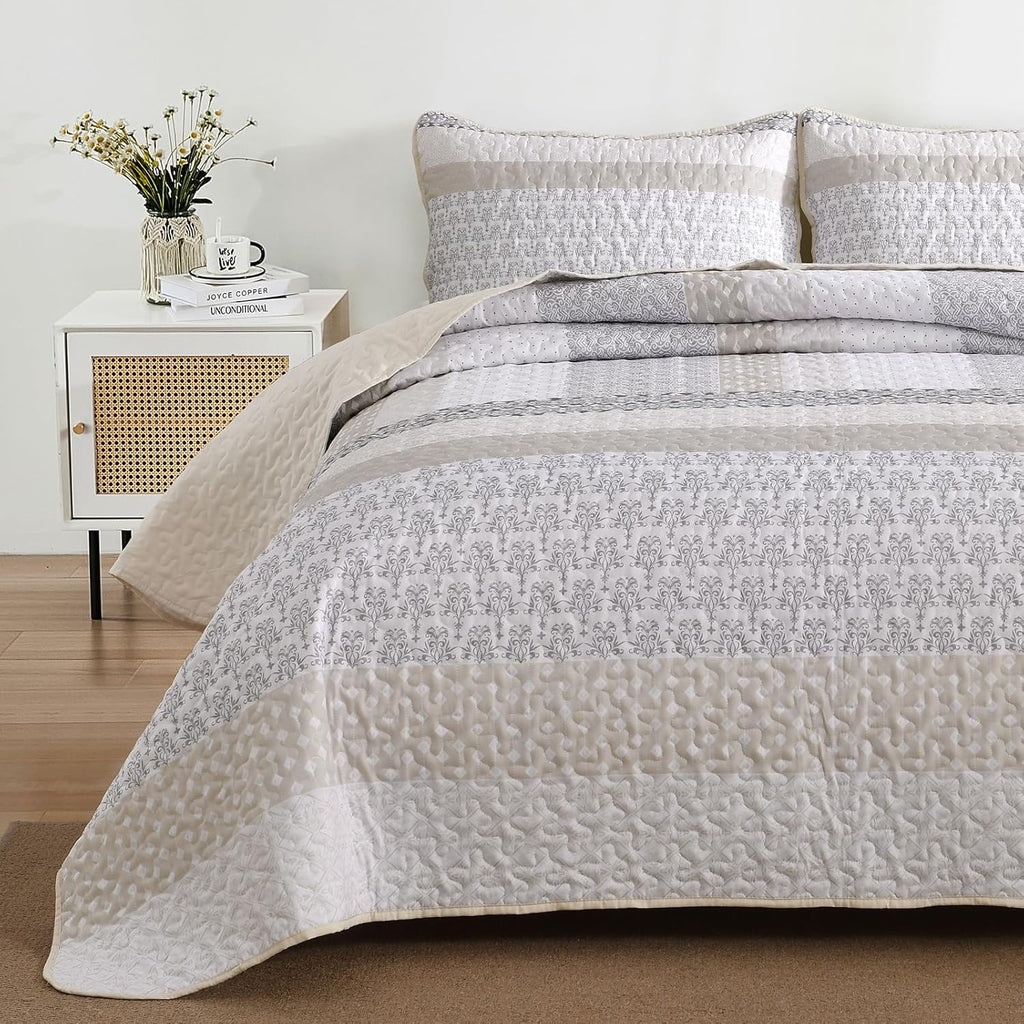 Beige Quilt Queen, Bohemian Stripe Quilt Sets 3 Pieces Beige Boho Quilted Bedspread Set Lightweight Microfiber