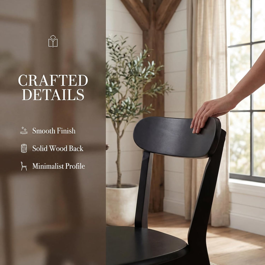 Black Wooden Dining Chairs Set of 4, Mid Century Modern Solid Rubberwood Armless Kitchen & Dining Chairs with Curved