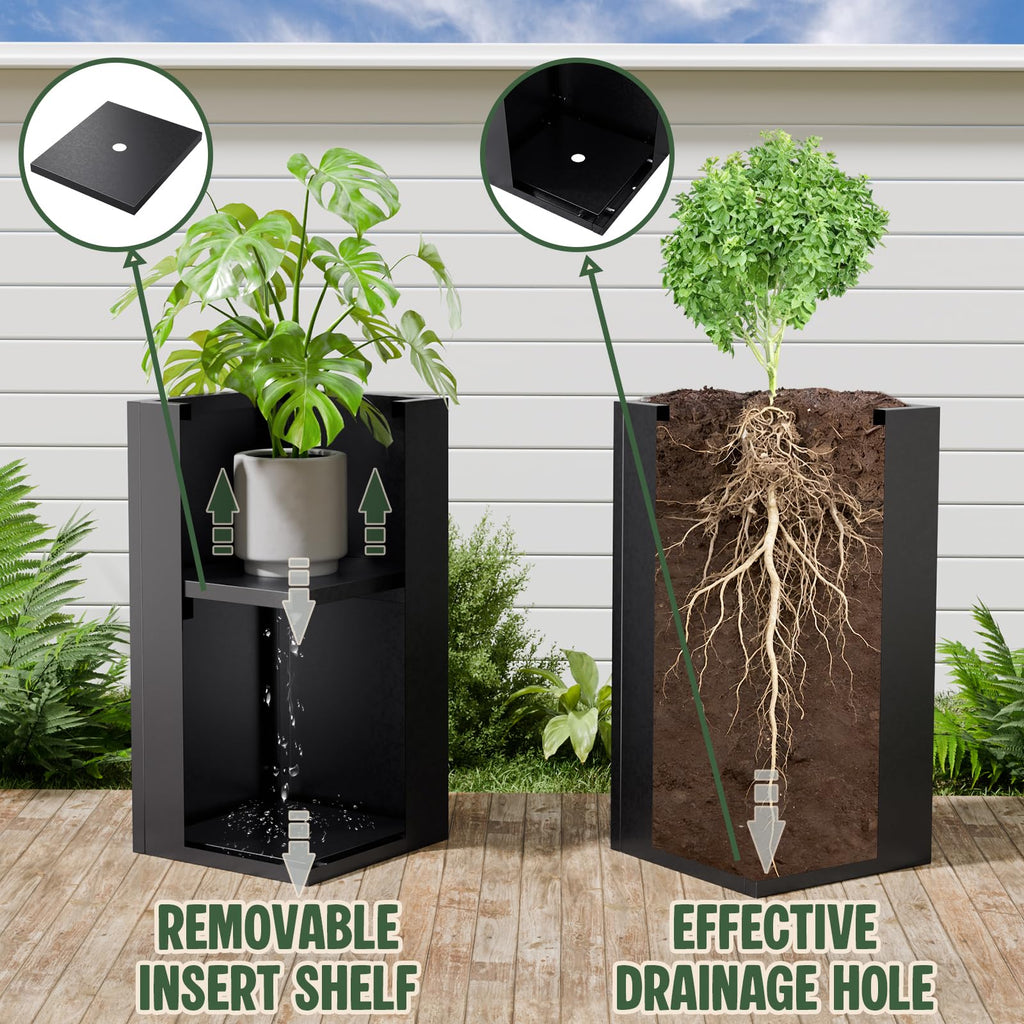24" Tall Metal Planters Box for Outdoor Plants, 60cm H Square Black