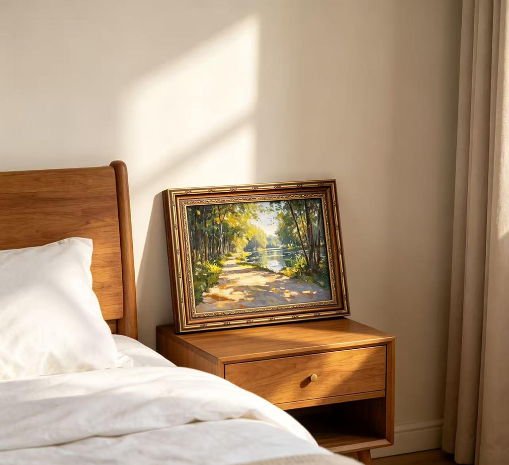 Vintage Gold Framed Canvas Wall Art Sunshine Forest Impressionist Landscape Painting Picture Wall Decor Spring Summer