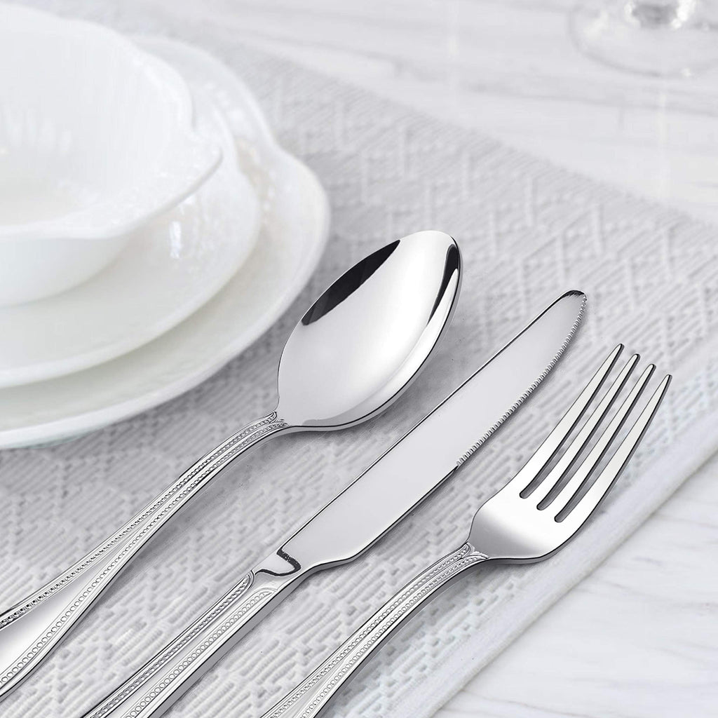 Silverware Set, 60-Piece Pearled Edge Stainless Steel Flatware for 12, Beading Tableware Cutlery Utensil, Mirror