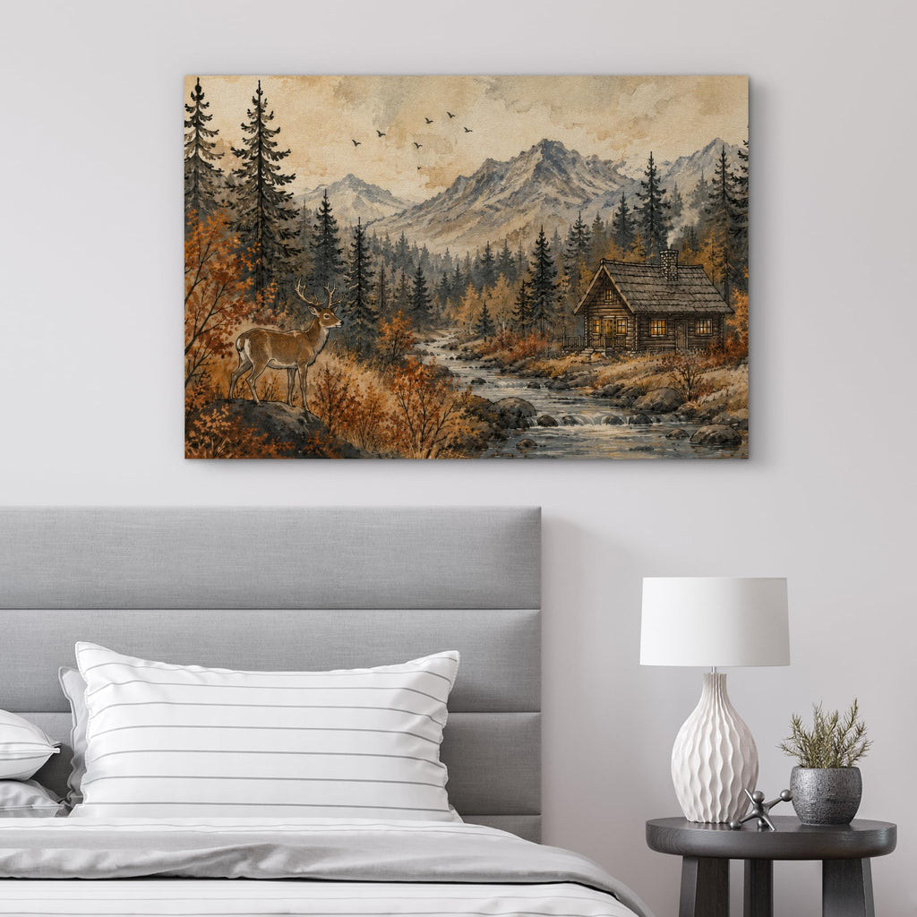 Canvas Print Wall Art Rustic Mountain Cabin Deer Autumn Forest Decorative Scenic Multicolor Landscape Rustic
