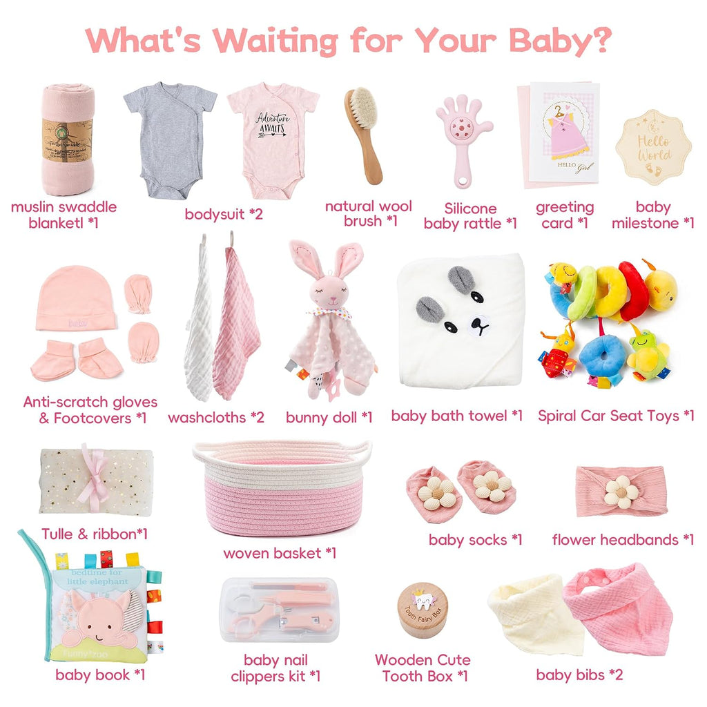Baby Shower Gifts for Girls, 24 Piece Deluxe Baby Shower Gift Basket - Baby Girl Gift Basket with Swaddle, Rattle