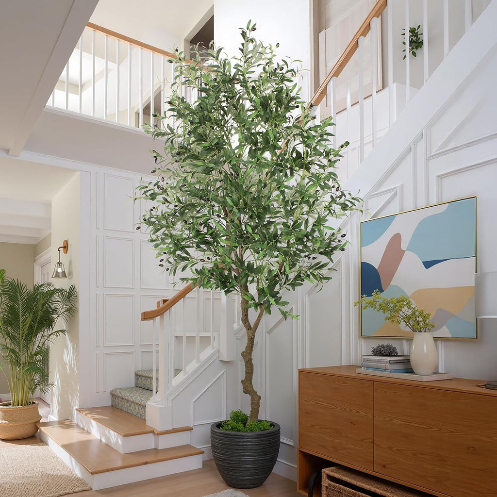Faux Olive Tree 8ft, Large Realistic Silk Olive Trees Artificial Indoor with Natural Wood Trunk & Lifelike Fruits
