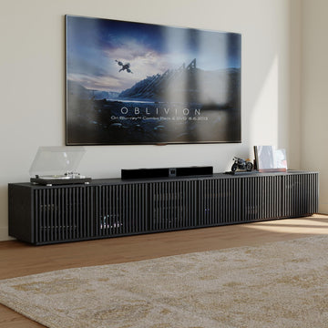 Full Assembled Mid Century Modern TV Stand, 118" Extra-Large Entertainment Center for 100 inch TV, Wood Slatted TV