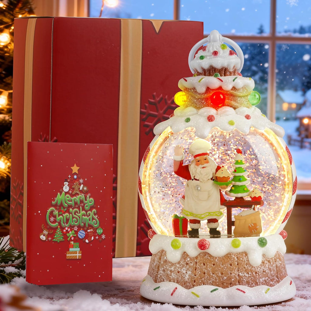 9" Lighted Musical Snow Globe Lantern, Gingerbread Santa Baker with Swirling Glitter, Cupcake Christmas Tree, USB