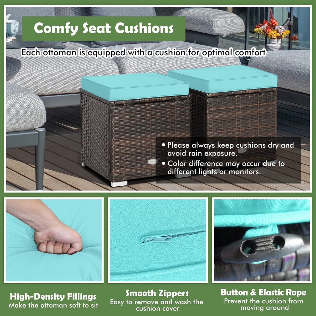 2PCS Patio Ottoman Set Outdoor Wicker Stool with Storage, Rattan Footrest Ottoman with Solid Metal Frame and Cushion