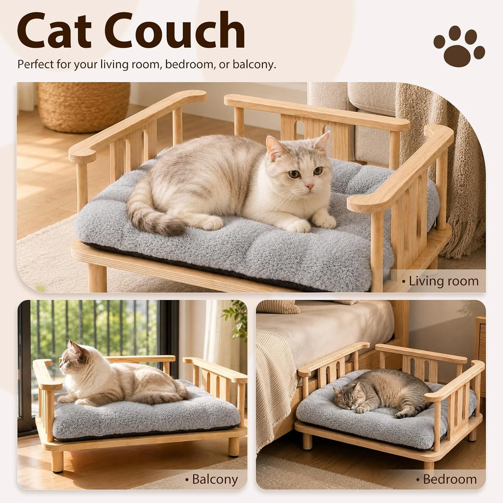 Elevated Cat Couch & Dog Sofa, Solid Wood Raised Pet Bed with Machine Washable Plush Mattress, Indoor Cat Furniture