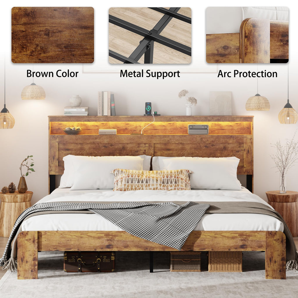 Wooden Bed Frame King Size with Storage Headboard, Brown