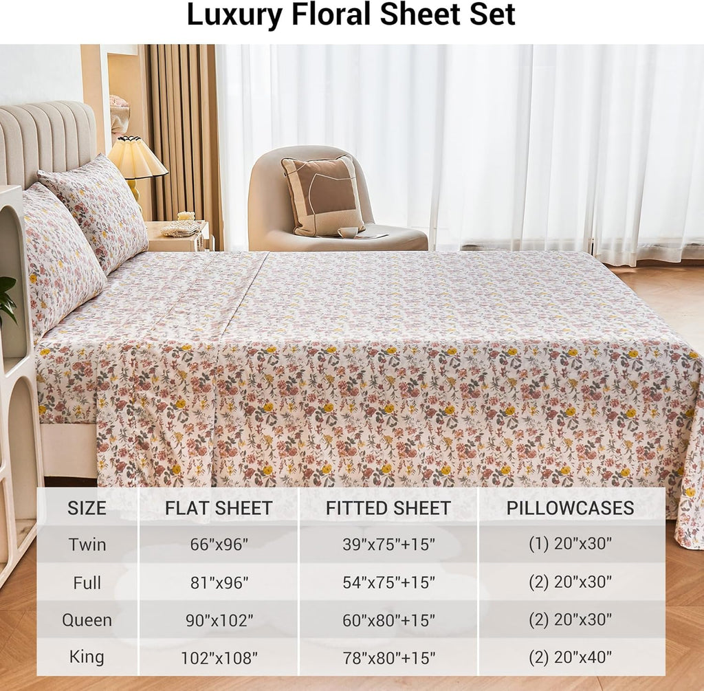 Floral Queen Sheet Set - 4 Piece Vintage Pink & Yellow Flower Patterned Bed Sheets - Soft, Breathable Microfiber