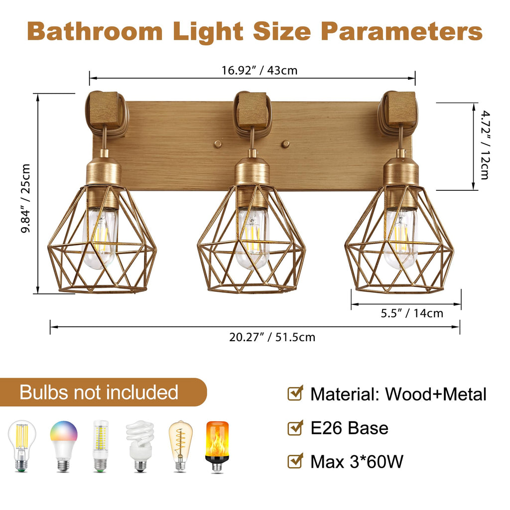 3 Light Bathroom Vanity Light, Farmhouse Gold Fixture Over Mirror