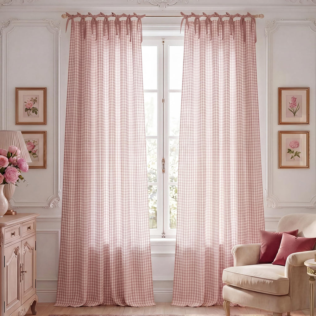 Rose Pink Plaid Curtains, Tie Top Bow Knot Checkered Girls Room Window Treatments, Coquette Room Decor Semi Sheer