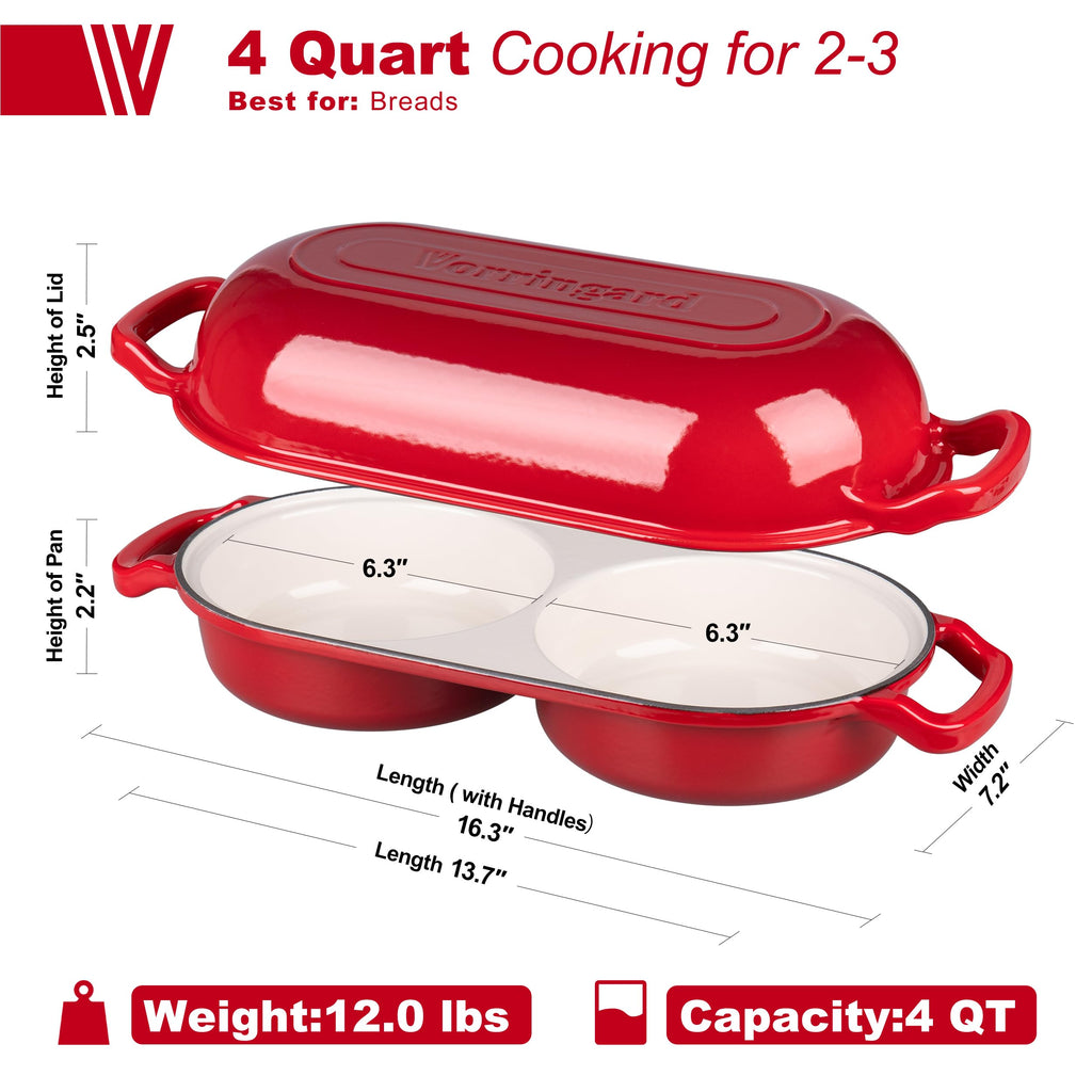 Enameled Cast Iron Double Dutch Oven with Lid, Dual Round Loaf Pan, Bread pan made Sourdough Bread Baking, Red