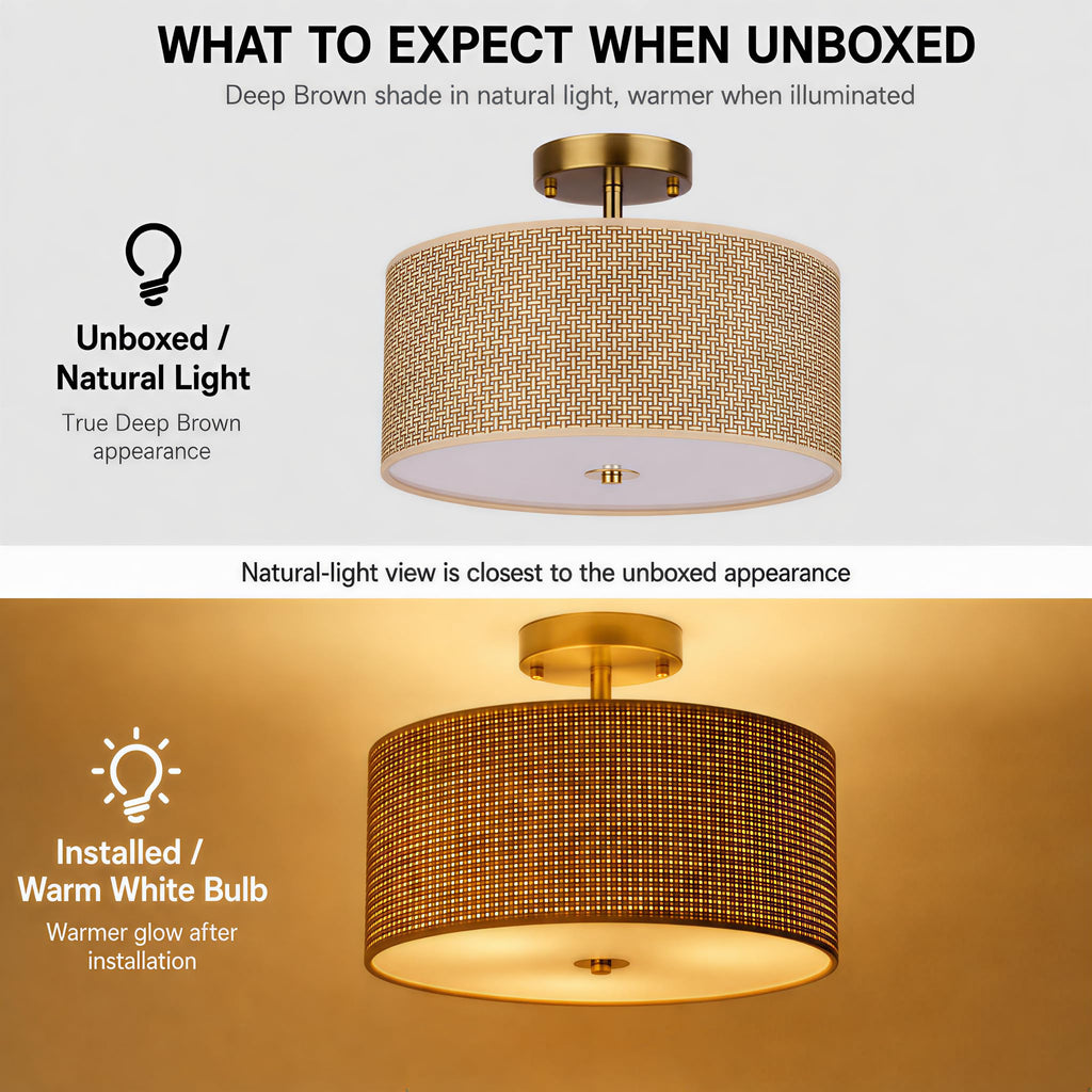 13" Rattan-Style Boho Ceiling Light Fixture, 3-Light Modern Semi Flush Mount Lamp with Drum Shade, Rustic Brown