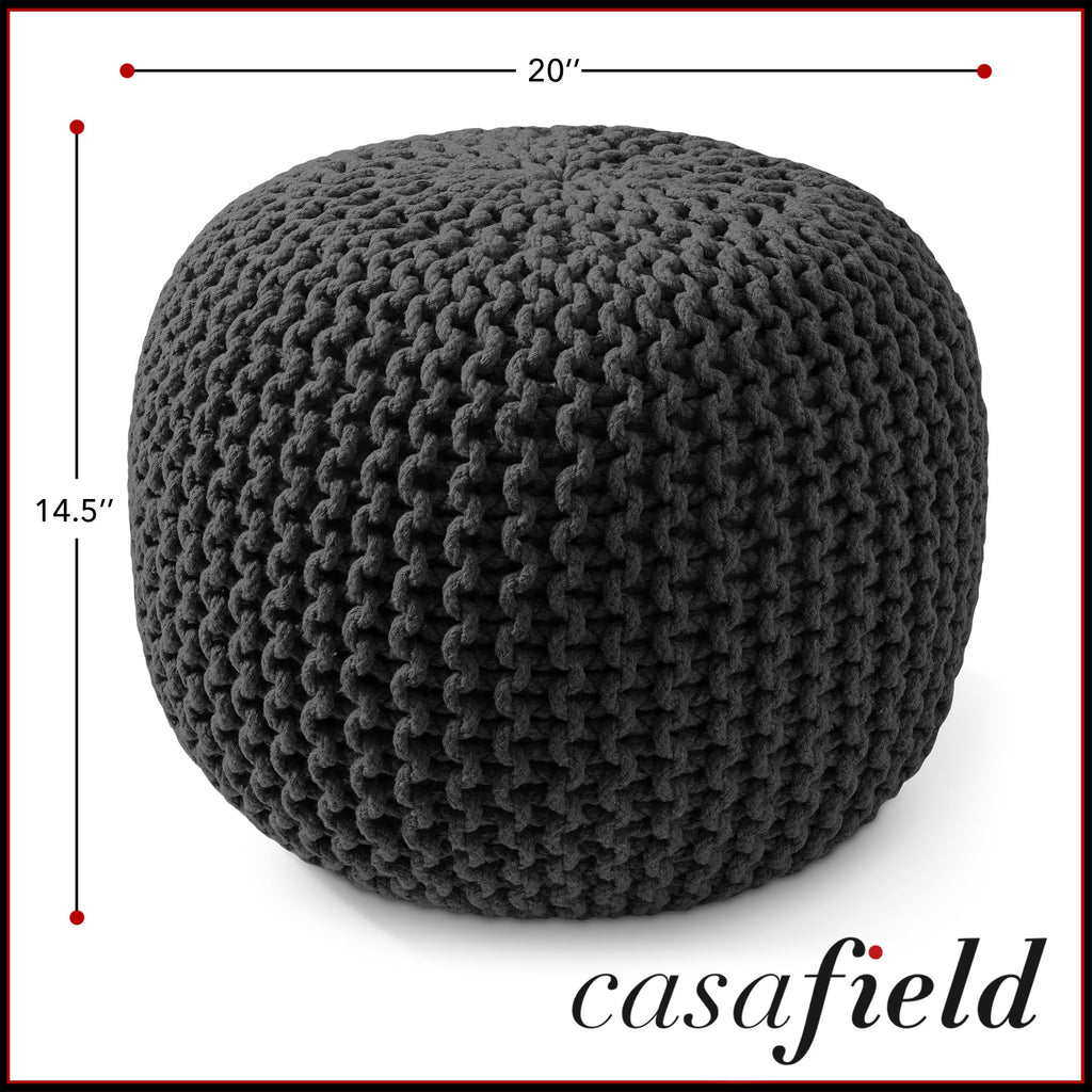 Round Pouf Ottoman, Black - 20" Diameter x 14.5" High Cotton Knit Foot Stool - Boho Floor Pouffe