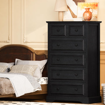 Farmhouse 6 Drawer Dresser, 48" Tall Dresser Chest of Drawers with Natural Texture & Metal Handles, Storage Dressers