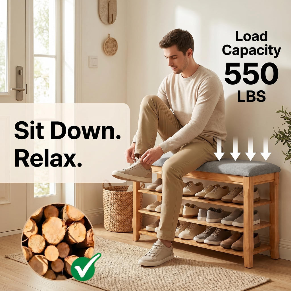 Solid Wood Shoe Bench, 31.5" Shoe Rack Storage