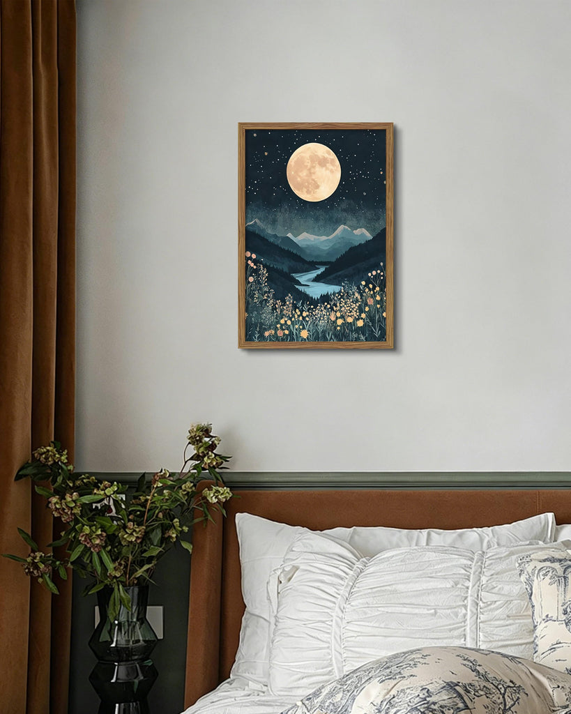 Framed Moonlight Mountain Landscape Canvas Wall Art, Vintage Nature Aesthetic Wall Decor Painting, Full Moon Night