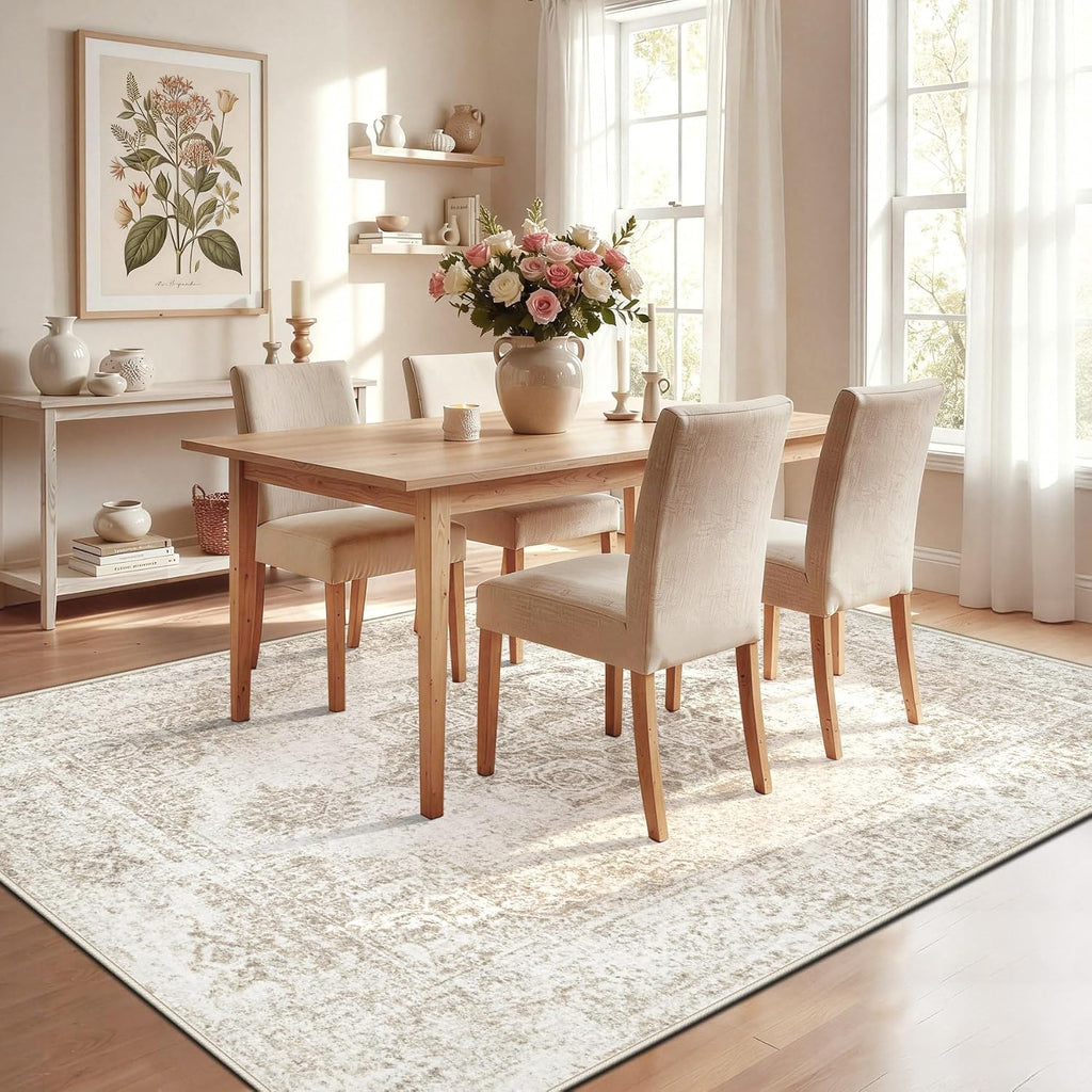 5x7 Area Rugs, Washable Vintage Boho Neutral Medallion Rug Non Slip Low Pile Floor Carpet Nursery Dining Room