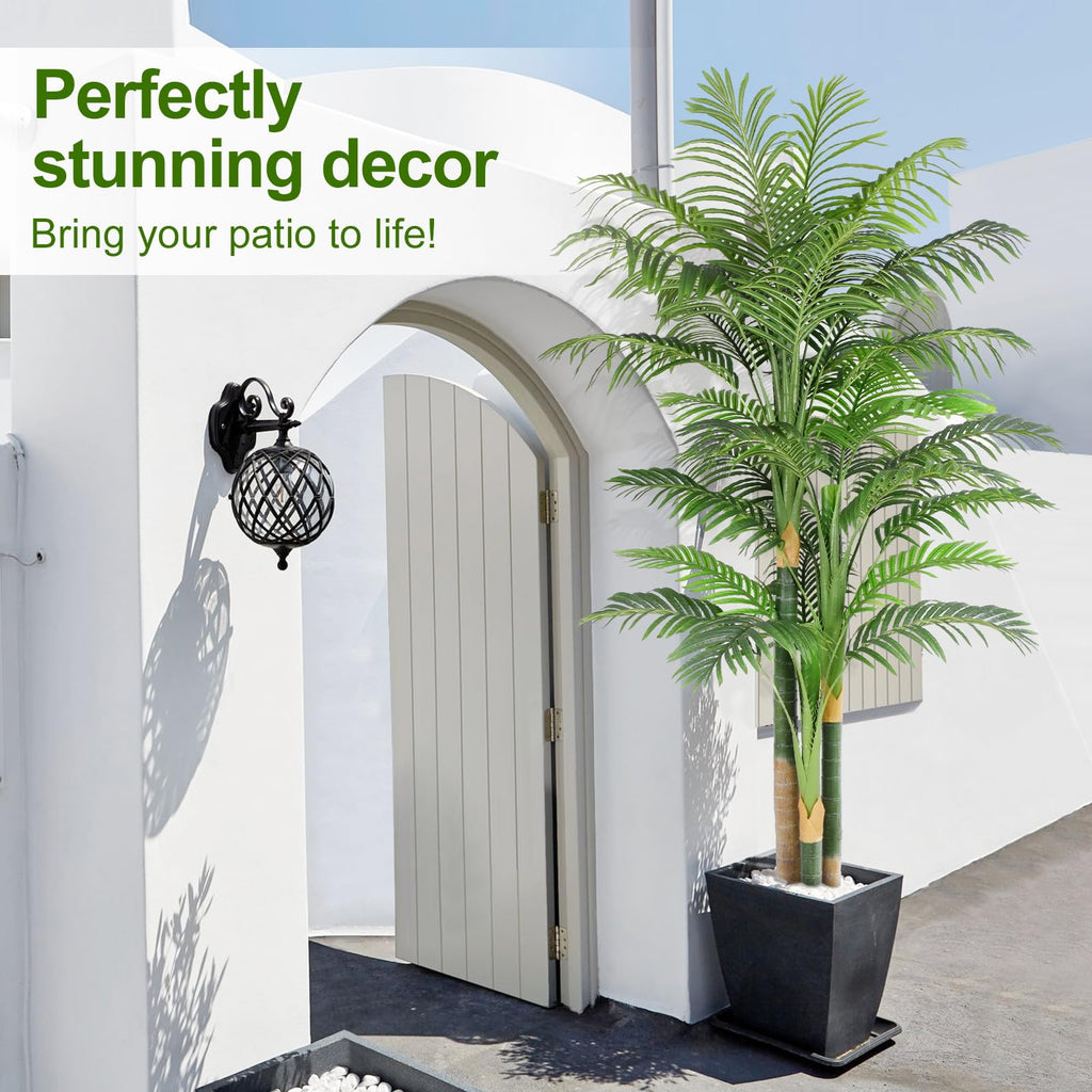 7ft Tall Triple Golden Cane Palm Artificial Tree Large Tropical Palm Tree UV Resistant Fake Plant in Pot for Indoor