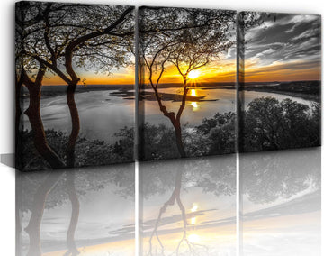 Black and White Bathroom Wall Art Sunset Tree Picture Lake Painting Forest Gold Print Canvas Natural Scenery Artwork