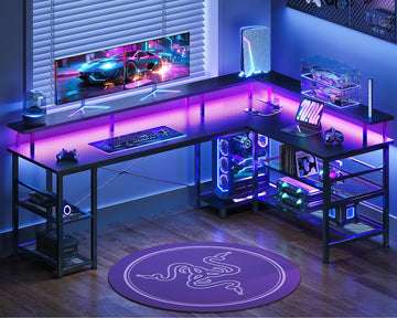 66" Large L Shaped Gaming Desk with Power Outlet & LED, Black | Reversible L desk, carbon fiber texture. Storage