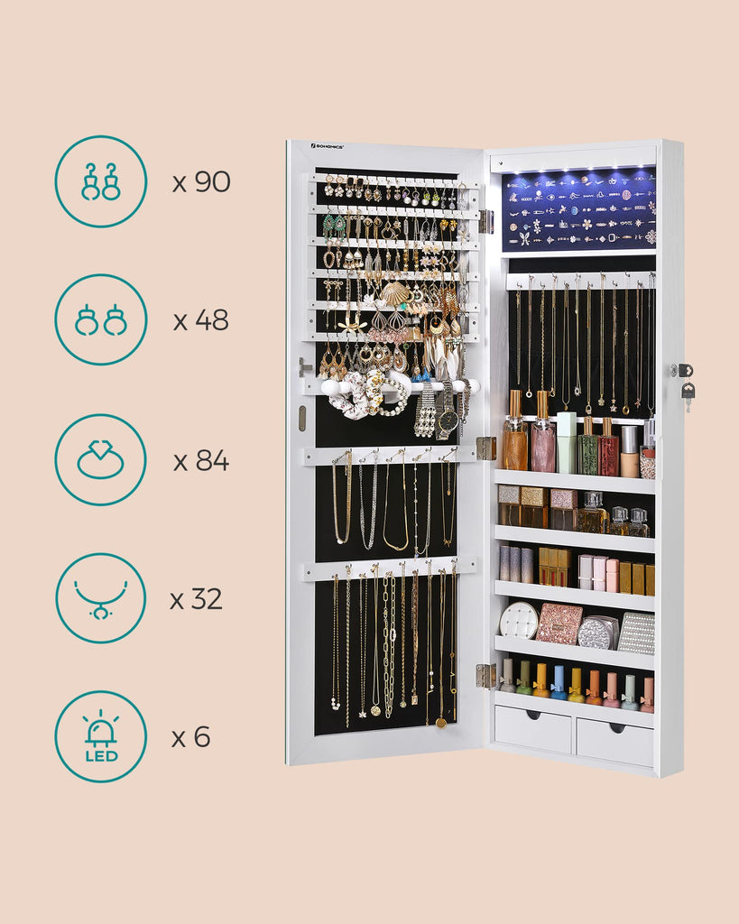 Mirror Jewelry Cabinet Armoire, Wall or Door Mounted, Lockable