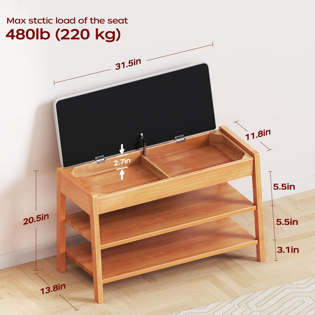 Shoe Rack Bench with Storage, 2-Tier Solid Wood Entryway Bench with Cotton-Linen Cushion, Multipurpose Storage